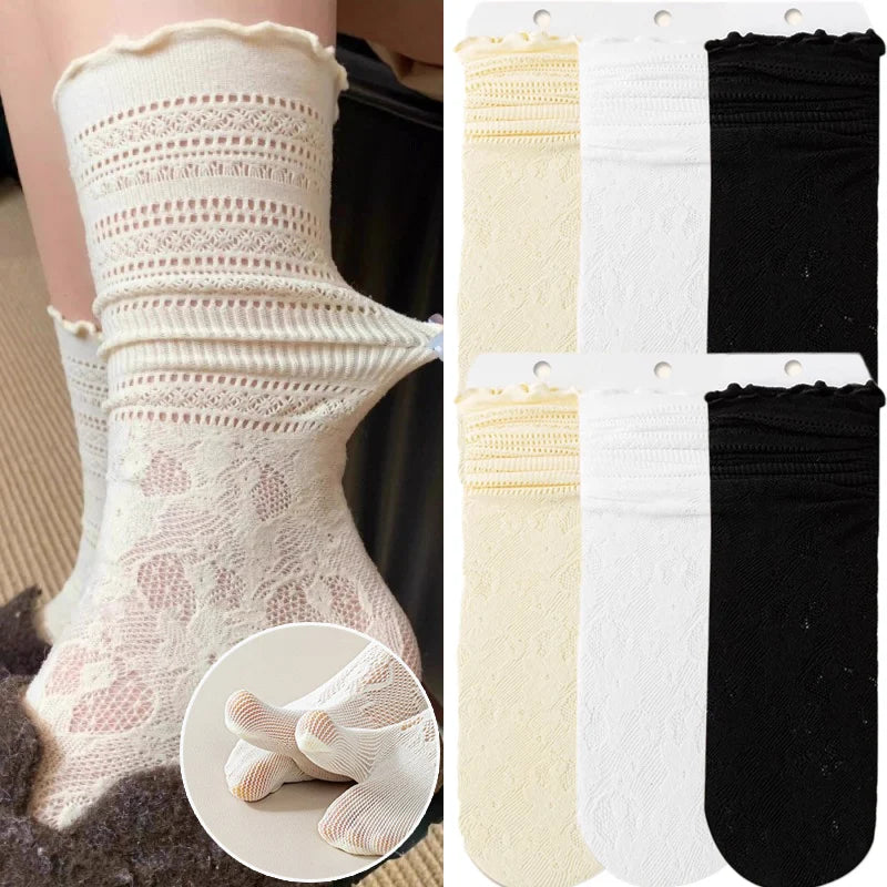 Japanese Lace Tabi Toe Socks for Women Summer Sexy Lace Two Finger Socks Mesh Breathable Black White Split Tabi Toe Socks