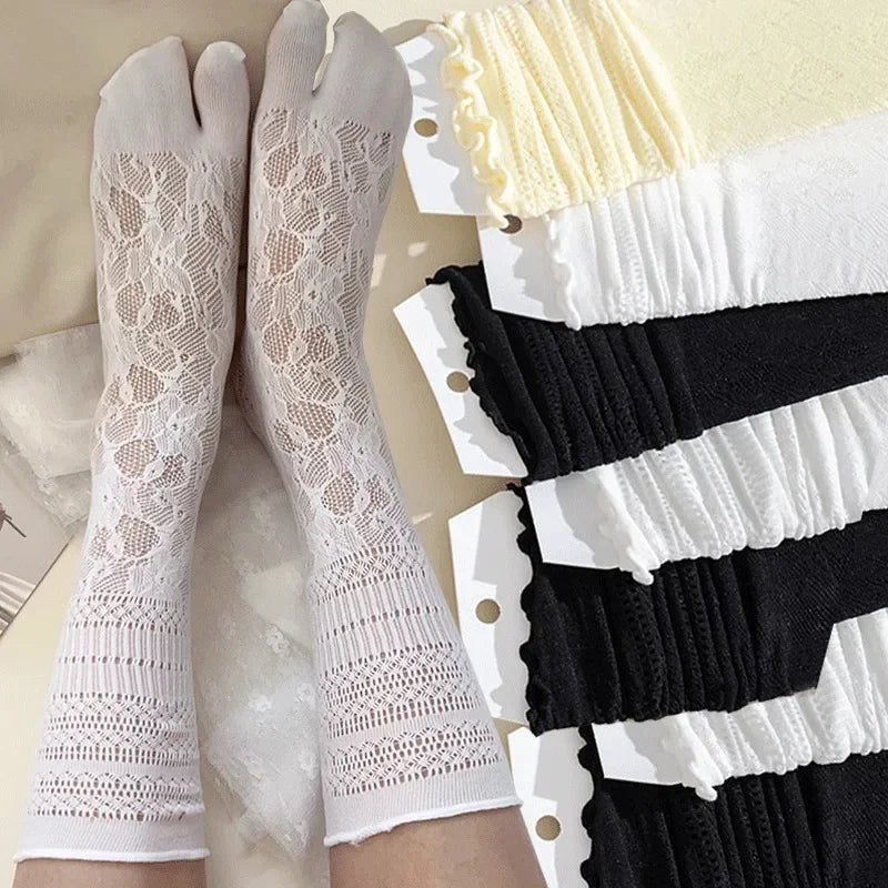 Japanese Lace Tabi Toe Socks for Women Summer Sexy Lace Two Finger Socks Mesh Breathable Black White Split Tabi Toe Socks