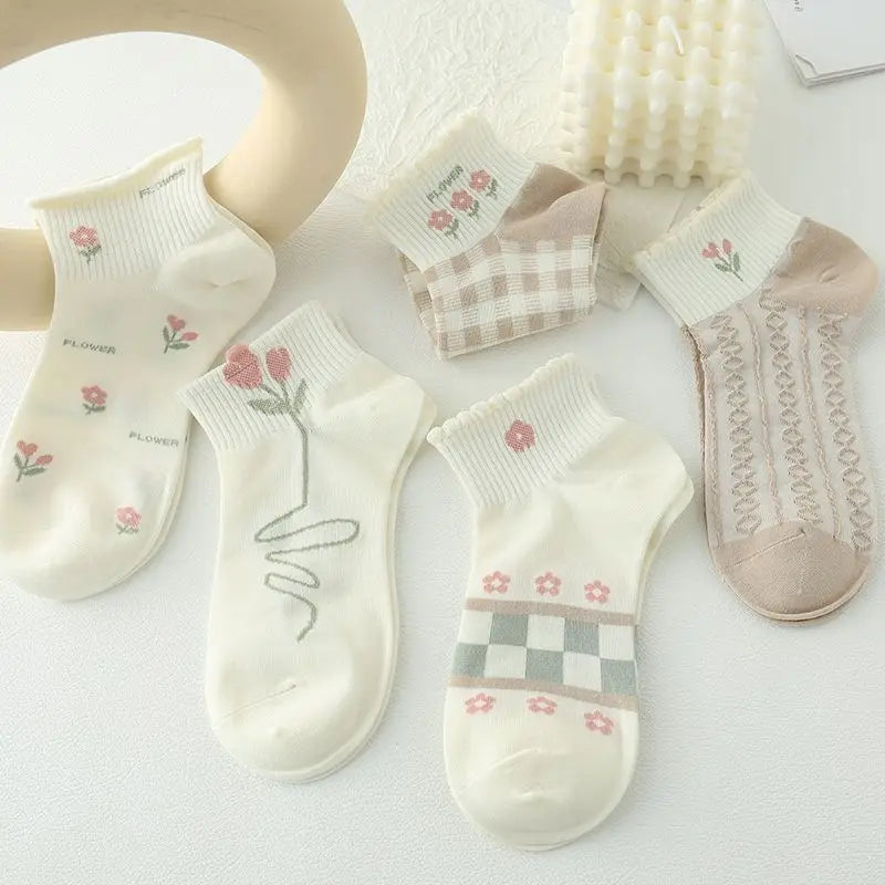 5 Pairs 1 Lot Women Socks Pack Student Girls Lolita Skate Calcetines Mujer Set Thin Cute Kawaii Summer Short Low Tube Ankle Sock