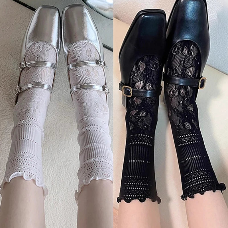Japanese Lace Tabi Toe Socks for Women Summer Sexy Lace Two Finger Socks Mesh Breathable Black White Split Tabi Toe Socks