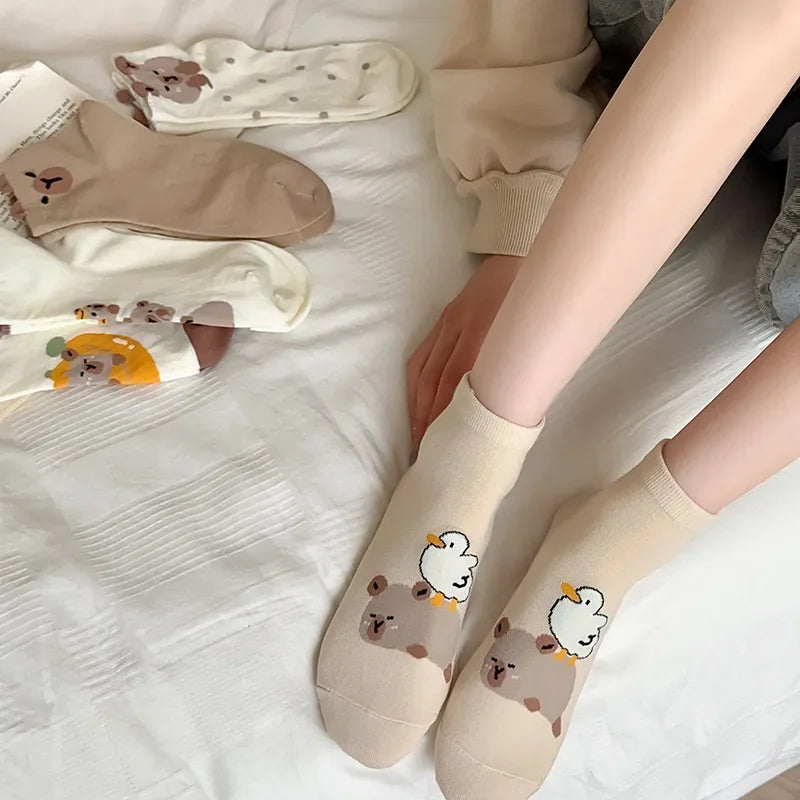 5Pairs/Sets Women Capybara Short Socks Cartoon Cute Cotton Socks for Mens Summer Thin Breathable Soft Unisex Children Socks