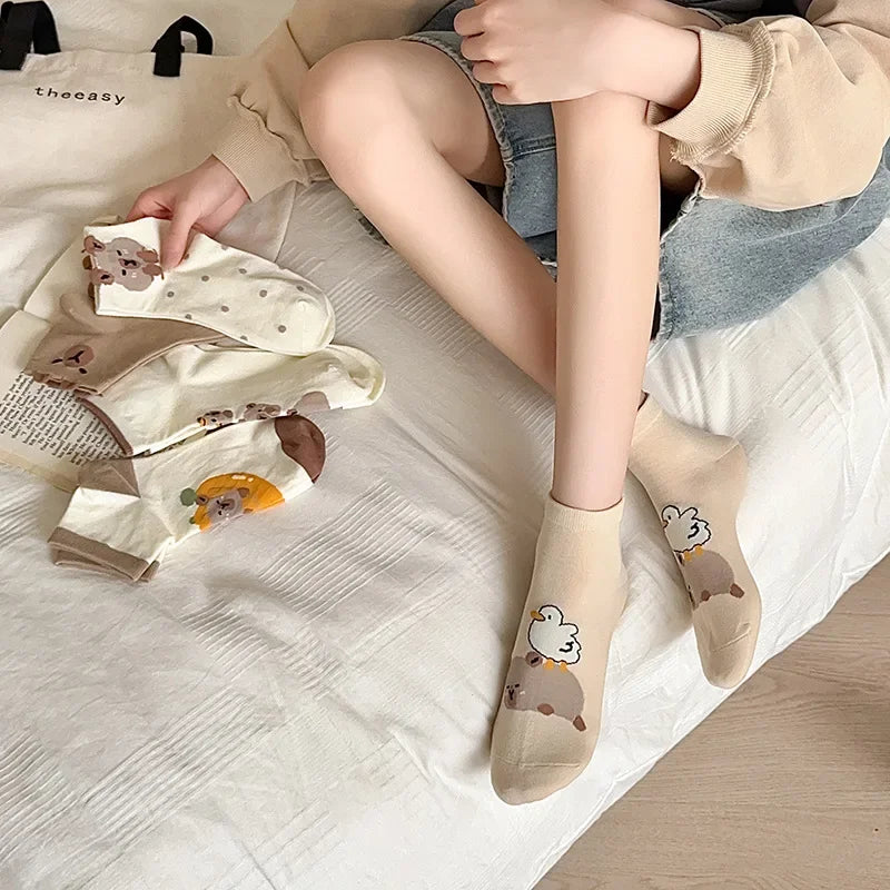 5Pairs/Sets Women Capybara Short Socks Cartoon Cute Cotton Socks for Mens Summer Thin Breathable Soft Unisex Children Socks